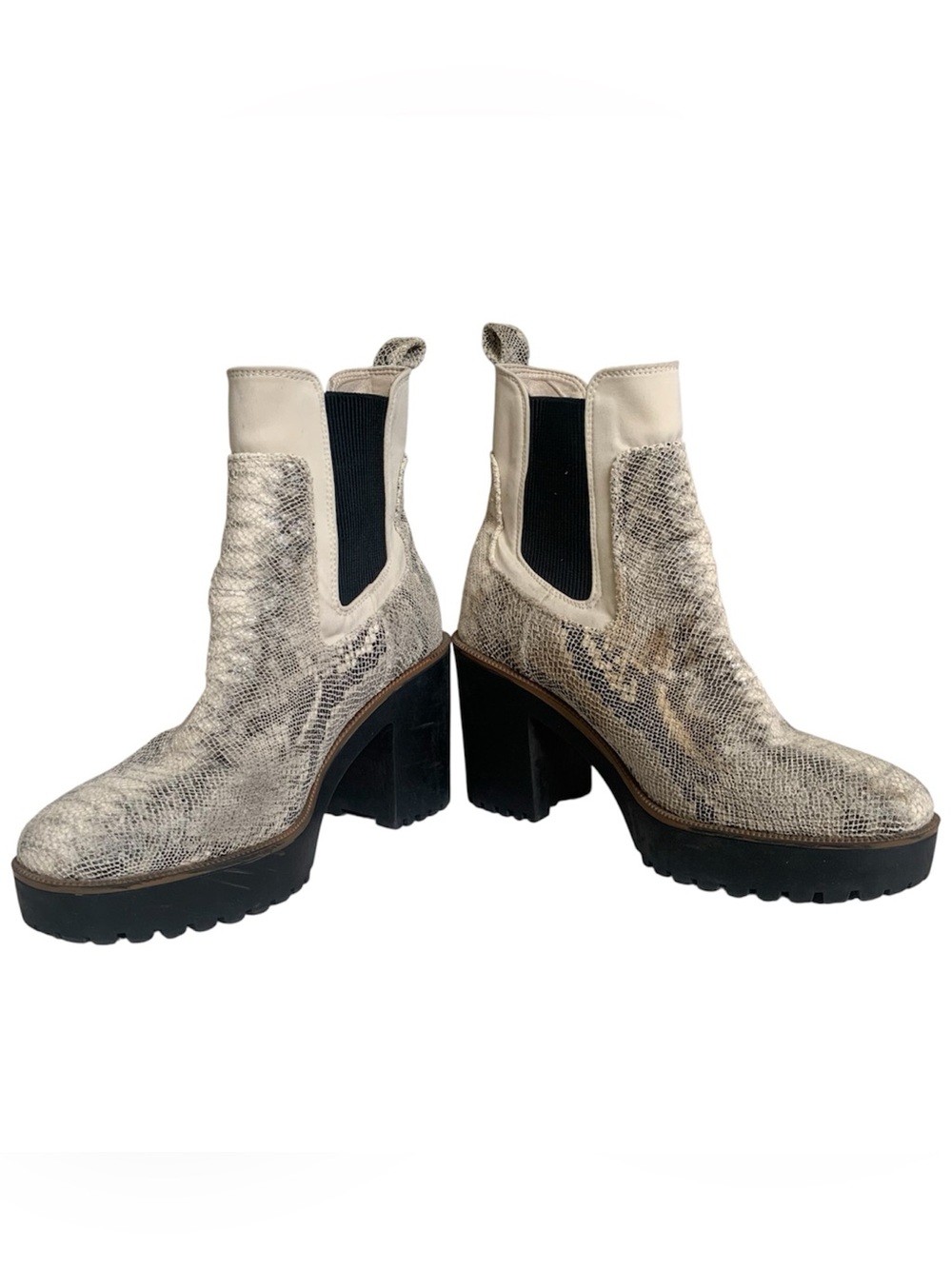 Chinese Laundry Good Day Neo Cream Gray Snake Skin Y2K Chunky Lug Ankle Boots